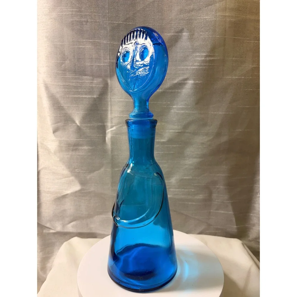 Vintage Erik Höglund Boda Blue Glass People Decanters Face Stoppers Pair MCM